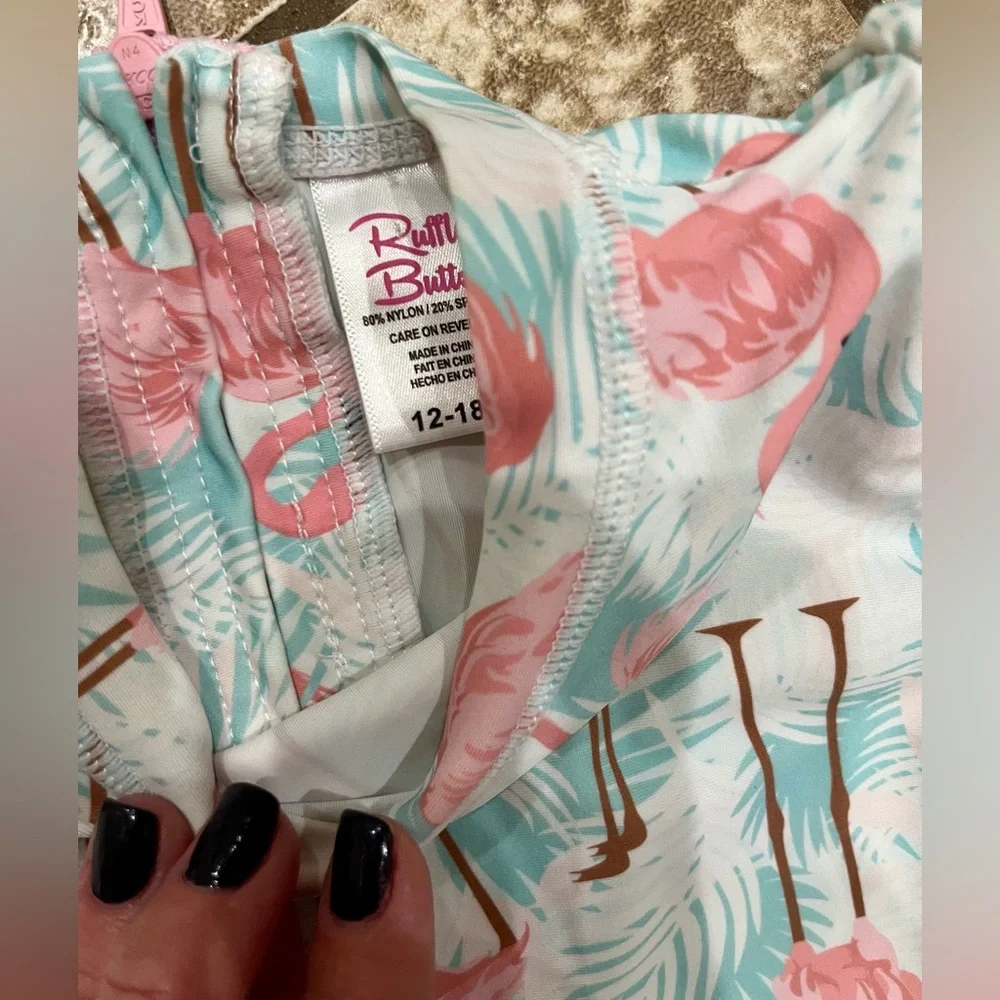 Ruffle Butts Pink Flamingo Print One-Piece Swimsuit - Aqua & Pink